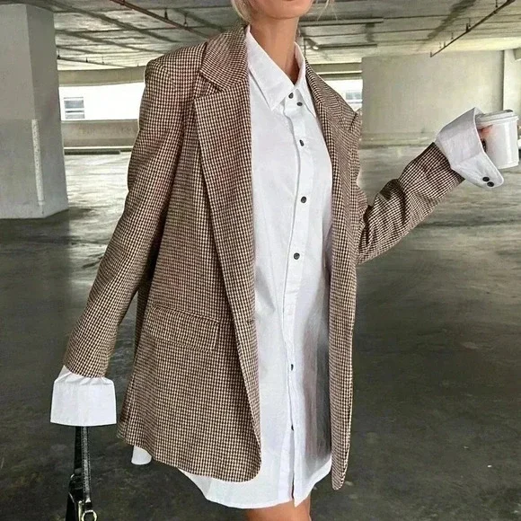 Brown Elegant Women's Lapel Collar Houndstooth Suit Jacket - Picture 2 of 5